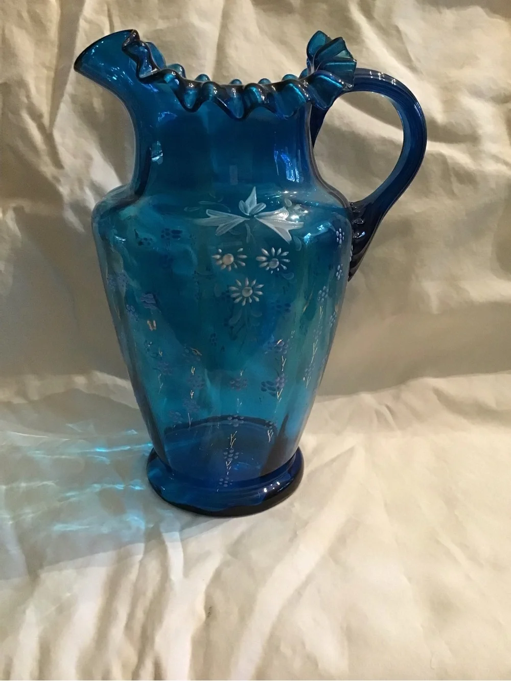 Blue Glass Ruffled Pitcher - Decorative Home Accent
